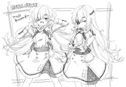 1girl :d blush character_name chuunibyou closed_mouth crossed_arms dress eyepatch flat_chest frown gloves goddess_of_victory:_nikke greyscale guillotine_(nikke) half_gloves highres long_hair looking_at_viewer military_uniform monochrome multiple_views open_mouth rotated sketch skirt smile tu_pa_pa_pa wavy_hair