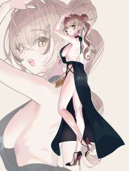 1girl absurdres alternate_costume alternate_hairstyle breasts brown_eyes brown_hair dress duplicate fueppu high_heels highres hololive hololive_english large_breasts long_hair looking_at_viewer looking_back nanashi_mumei simple_background smile thighs very_long_hair