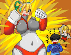 ? aleksjeikobrayez antennae armor armored_gloves arms_up bikini_armor black_hair blonde_hair blue_eyes blush breasts clenched_hands covered_navel green_ribbon hair_ribbon hairband hands_up headphones helmet hyper_roll_(marvel_vs._capcom) joints large_breasts long_hair looking_at_viewer marvel_vs._capcom mechanical_arms mega_man_(character) mega_man_(classic) mega_man_(series) navel orange_background ponytail radio_antenna red_armor ribbon robot robot_girl robot_joints roll_(mega_man) short_hair shoulder_armor sidelocks smile surprised unworn_headwear unworn_helmet yellow_background