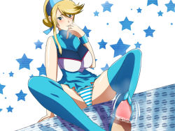 bed blue_legwear blush breasts censored cheerleader cleavage feet footjob heroman lina_davis morune penis sitting smile thighhighs