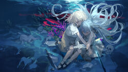 2girls bang_dream! bang_dream!_it&#039;s_mygo!!!!! black_ribbon black_shoes blonde_hair commentary coral crychic_(bang_dream!) floating_hair grey_skirt highres hug kouhiipan long_hair medium_hair medium_skirt misumi_uika multiple_girls nagasaki_soyo neck_ribbon ribbon shadow shiina_taki shirt shoes short_sleeves skirt skull socks symbol-only_commentary takamatsu_tomori togawa_sakiko underwater wakaba_mutsumi white_shirt white_socks