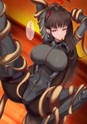 ... 1girl ass black_hair blue_archive blush bodysuit breasts commentary_request covered_navel hair_ornament halo highres large_breasts long_hair mononoke_(pixiv53597254) ponytail red_eyes restrained rio_(blue_archive) rio_(bodysuit)_(blue_archive) solo spoken_ellipsis spread_legs tentacles variant_set