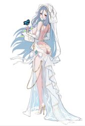1girl artist_request ass backless_dress backless_outfit blush bouquet breasts bridal_gauntlets bridal_veil brown_dust_(series) brown_dust_2 bug butt_crack butterfly butterfly_on_hand dimples_of_venus dress flower from_behind full_body grey_hair high_heels highres holding holding_bouquet insect large_breasts lips long_dress long_hair looking_at_viewer morpeah_(brown_dust) open_mouth red_eyes shoes simple_background smile solo stiletto_heels veil very_long_hair wedding_dress white_background white_dress white_shoes