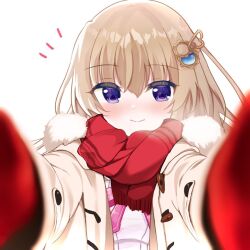 Rule 34 | 1girl, 9-nine-, blurry, blush, breath, brown hair, closed mouth, cold, commentary request, depth of field, eyes visible through hair, gear hair ornament, hair between eyes, hair ornament, kujou miyako, long hair, looking at viewer, meme, nose blush, notice lines, pov cheek warming (meme), purple eyes, red scarf, sakaniwa t, scarf, simple background, smile, solo, split mouth, star (symbol), star print, upper body, white background, wing hair ornament