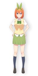 1girl black_shoes black_socks blue_eyes blush bow bowtie breasts collarbone collared_shirt dot_nose female_focus full_body go-toubun_no_hanayome green_bow green_bowtie green_skirt hair_bow hands_on_own_hips highres large_breasts legs looking_at_viewer miniskirt nakano_yotsuba official_art orange_hair pleated_skirt scan school_uniform shirt shirt_under_sweater shirt_under_vest shoes short_hair short_sleeves simple_background skirt smile socks solo solo_focus sweater sweater_vest teeth thighs vest white_shirt yellow_sweater yellow_sweater_vest yellow_vest