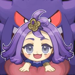 1girl :3 acerola_(pokemon) blush blush_stickers chibi eyelashes gen_1_pokemon gengar hair_ornament highres nintendo open_mouth outline pokemon pokemon_(creature) pokemon_sm purple_eyes purple_hair red_eyes short_sleeves smile teeth tegitsune tongue tongue_out upper_teeth_only white_outline