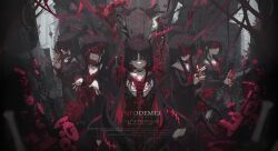 5girls black_hair blood cat_mask covered_eyes dress fox_mask highres long_hair mask multiple_girls original parted_bangs red_eyes red_hair red_theme sailor_collar school_uniform serafuku sidelocks tagme touzai_(poppin_phl95)