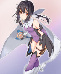 1girl arms_behind_back bare_shoulders black_hair boots breasts brown_eyes cape card_holster commentary covered_navel detached_sleeves expressionless fate/kaleid_liner_prisma_illya fate_(series) gradient_background hair_ornament hairclip highres kaleidostick leotard long_hair looking_at_viewer magical_girl magical_sapphire miyu_edelfelt miyu_edelfelt_(magical_girl) pink_background purple_background purple_leotard purple_sleeves purple_thighhighs santarou small_breasts solo thighhighs twintails white_boots white_cape x_hair_ornament