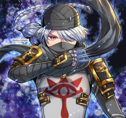 1girl alternate_color braid evvimayo female_focus gloves grey_hair needle nintendo red_eyes reverse_trap scarf sheik shina_shina solo super_smash_bros. surcoat the_legend_of_zelda the_legend_of_zelda:_breath_of_the_wild the_legend_of_zelda:_ocarina_of_time turban weapon