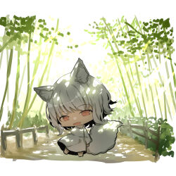 1girl :d absurdres animal_ear_fluff animal_ears bamboo bamboo_forest barefoot chibi commentary_request day dress fence forest fox_ears fox_girl fox_tail highres long_sleeves looking_at_viewer nature open_mouth original outdoors red_eyes smile solo sunlight tail white_dress white_hair yuuji_(yukimimi)