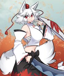 1girl animal_ears autumn_leaves bare_shoulders black_bow bow breasts chest_sarashi detached_sleeves frills hat highres inubashiri_momiji large_breasts leaf looking_at_viewer maple_leaf missandydandy open_mouth pom_pom_(clothes) red_eyes red_hat ribbon-trimmed_sleeves ribbon_trim sarashi shield short_hair skirt solo sword tail tokin_hat touhou tree weapon white_hair wolf_ears wolf_girl wolf_tail