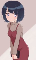 1girl absurdres azuki-iro bag bandage_on_face bandages black_hair blue_eyes blush bob_cut breasts commentary_request gundam gundam_gquuuuuux highres holding holding_bag leaning_forward looking_at_viewer mature_female medium_breasts mobile_suit_gundam no_sclera shiiko_sugai short_hair simple_background small_breasts smile solo sweater turtleneck turtleneck_sweater