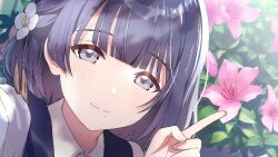 1girl coat flower gakuen_idolmaster hair_ornament hataya_misuzu idolmaster leaf official_art pink_flower purple_eyes purple_hair smile white_coat
