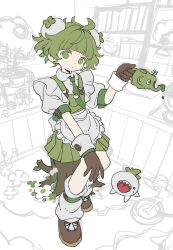 1boy ahoge apron brown_hair crossdressing frilled_apron frills full_body gloves green_eyes hat highres holding kaburaya_(kabura_8) looking_at_viewer male_focus miniskirt original puffy_short_sleeves puffy_sleeves shoes short_sleeves skirt smile solo standing trap waist_apron watering_can white_apron window