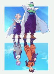 Rule 34 | 4boys, amputee, ball z, black hair, black shirt, blonde hair, boots, cape, colored skin, crossed arms, dougi, dragon ball, dragonball z, full body, green eyes, green skin, highres, komesan 0212, medium hair, multiple boys, orange pants, orange shirt, pants, piccolo, purple hair, purple pants, purple shirt, shirt, short hair, son gohan, son gohan (future), spiked hair, super saiyan, super saiyan 1, trunks (dragon ball), trunks (future) (dragon ball), white cape