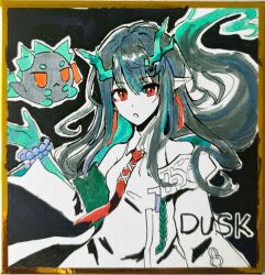 Rule 34 | 1girl, :o, absurdres, aqua hair, arknights, beads, black hair, character name, chinese commentary, collared dress, colored extremities, colored inner hair, colored skin, commentary request, dragon bubble (arknights), dragon girl, dragon horns, dress, dusk (arknights), earrings, energio (lma95), floating hair, hair between eyes, hand up, highres, horns, jacket, jewelry, long hair, looking at viewer, multicolored hair, necktie, parted lips, photo (medium), pointy ears, red eyes, red necktie, shikishi, sleeveless, sleeveless dress, solo, split mouth, traditional media, white dress, white jacket, white skin