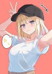 Rule 34 | 1girl, absurdres, arm up, armpits, bang dream!, bang dream! it&#039;s mygo!!!!!, baseball cap, beniyomogi, black hat, blonde hair, blush, breasts, closed mouth, commentary request, hat, highres, long hair, looking at viewer, medium breasts, medium hair, misumi uika, pink background, purple eyes, shirt, short sleeves, simple background, solo, upper body, v, variant set, white shirt