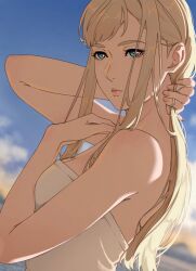 1girl blonde_hair blue_eyes breasts closed_mouth enelous gigi_andalusia gundam gundam_hathaway&#039;s_flash highres long_hair looking_at_viewer medium_breasts sky solo towel