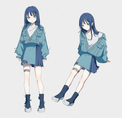 2girls blue_eyes blue_hair commission highres jacket multiple_girls shirt sitting skirt socks standing urumeiwashi yoruse