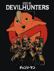 1girl 2boys backpack bag black_background black_hair blonde_hair chainsaw chainsaw_man denji_(chainsaw_man) ghostbusters hair_between_eyes hair_over_one_eye hayakawa_aki highres holding holding_ghostbuster holding_weapon horns long_hair looking_at_viewer multiple_boys nervous open_mouth parody pink_hair pochita_(chainsaw_man) scared sharp_teeth short_hair simple_background teeth topknot weapon yukinoko_0_3