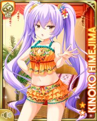 1girl :o brown_eyes card_(medium) character_name food_print food-themed_hair_ornament girlfriend_(kari) hair_ornament himejima_kinoko long_hair microskirt mushroom official_art orange_shirt orange_shorts orange_skirt purple_hair qp:flapper shirt shorts skirt solo spa twintails very_long_hair