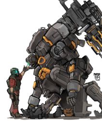 1boy absurdres bad_id bad_pixiv_id blue_eyes bt-7274 fs-1041 glowing glowing_eye helmet highres jack_cooper looking_down looking_up mecha mecha_focus moku_(pintor09) on_one_knee one-eyed pilot_helmet pilot_suit robot titanfall_(series) titanfall_2 visor white_background