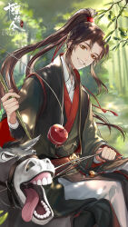 1boy animal apple bamboo bishounen black_hair black_hanfu blurry blurry_background branch brown_eyes brown_hair chen_qing_ling chinese_clothes chinese_commentary crossed_legs dappled_sunlight day depth_of_field donkey feet_out_of_frame fishing_rod food forest fruit grin hair_ornament hair_ribbon hanfu high_ponytail highres holding holding_fishing_rod holding_reins leaf long_hair long_sleeves looking_at_viewer male_focus modao_zushi mouth_hold nature official_art open_mouth outdoors pants parted_bangs police ponytail red_ribbon red_sash reins ribbon robe sash sidelocks sitting sitting_on_animal smile solo sunlight tassel tassel_hair_ornament teeth teeth_hold tree very_long_hair wei_wuxian white_pants wide_sleeves yaopei