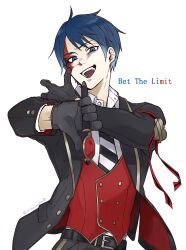 :d armband belt blazer blood blood_from_forehead blood_on_face blood_on_gloves blue_eyes blue_hair buttons collared_shirt cowboy_shot deuce_spade diagonal-striped_clothes diagonal-striped_necktie double-breasted dress_pants english_text facial_mark floating_clothes furrowed_brow gloves gold_trim head_tilt highres holding holding_pen injury jacket lapels leather leather_gloves looking_at_viewer necktie night_raven_college_uniform nosebleed notched_lapels open_clothes open_jacket open_mouth parted_bangs partially_unbuttoned pen red_armband shirt shirt_tucked_in short_hair simple_background smile striped_clothes taunting teeth thumbs_up twisted_wonderland twitter_username two-sided_fabric upper_teeth_only vest waistcoat white_background wiping_nose youyouyouyou88