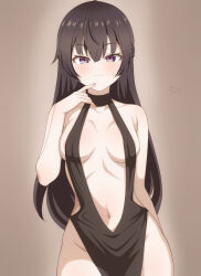 1girl :3 absurdres areola_slip artist_name audirenze bare_arms black_dress black_eyes black_hair blush breasts brown_background closed_mouth collarbone cowboy_shot dress finger_to_mouth gradient_background halterneck highres long_hair looking_at_viewer navel no_panties paid_reward_available pelvic_curtain plunging_neckline revealing_clothes small_breasts solo suou_yuki tokidoki_bosotto_roshia-go_de_dereru_tonari_no_alya-san twintails