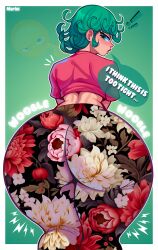 1girl absurdres ai-assisted alternate_costume artist_name ass ass_focus bell-bottoms crop_top emoji english_text floral_print forbidden_pants green_eyes green_hair highres huge_ass looking_at_viewer looking_back marlosart meme_attire one-punch_man pants pink_shirt print_pants shirt short_hair short_sleeves solo speech_bubble tatsumaki unmoving_pattern