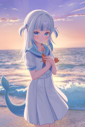 1girl absurdres beach belt blue_eyes blue_hair blue_neckerchief blue_sailor_collar blunt_bangs closed_mouth commentary day ebi-chan_(gawr_gura) english_commentary fins fish_tail fpvjoe gawr_gura grey_hair hair_ornament hands_up highres holohoneygaoka_high_school_uniform holohoneygaoka_koukou hololive hololive_english long_hair looking_at_viewer medium_hair multicolored_hair neckerchief official_alternate_costume outdoors puffy_short_sleeves puffy_sleeves sailor_collar school_uniform serafuku shark_girl shark_hair_ornament shark_tail shirt short_sleeves skirt smile solo streaked_hair tail tearing_up two_side_up virtual_youtuber waves white_belt white_serafuku white_shirt white_skirt
