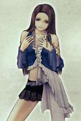 00s 1girl bare_shoulders belt black_skirt blue_shirt blush breasts brown_eyes brown_hair cleavage collarbone crop_top detached_sleeves female_focus final_fantasy final_fantasy_x final_fantasy_x-2 frills hands_on_own_chest lenne_(ff10) long_hair looking_at_viewer miniskirt shirt skirt solo standing