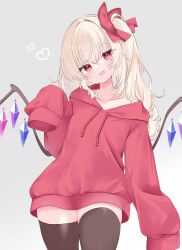 1girl black_thighhighs blonde_hair bow collarbone cowboy_shot crystal crystal_wings fang flandre_scarlet gradient_background grey_background hair_bow head_tilt heart hood hoodie long_hair no_headwear open_mouth red_bow red_eyes red_hoodie skin_fang solo thighhighs tosakaoil touhou very_long_sleeves wings