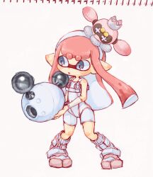 1girl blue_eyes bodysuit boots commentary_request crown drone eatcookie3 floating full_body gun hairband holding holding_gun holding_weapon inkling inkling_girl inkling_player_character long_hair luna_blaster_(splatoon) nintendo non-humanoid_robot open_mouth pearl_(splatoon) pearl_drone_(splatoon) pink_hair pointy_ears robot simple_background sleeveless sleeveless_bodysuit socks splatoon_(series) splatoon_3 splatoon_3:_side_order standing tentacle_hair thick_eyebrows traditional_media weapon white_background white_bodysuit white_footwear white_hairband white_socks