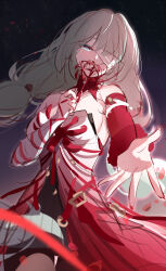 1girl absurdres bandage_over_one_eye bare_shoulders black_pantyhose black_skirt blue_eyes breasts commentary_request cowboy_shot detached_sleeves dress feng_nuyu flower grey_hair hand_up highres holding holding_flower long_hair looking_at_viewer medium_breasts offering_hand pantyhose partial_commentary phrolova_(wuthering_waves) red_dress single_detached_sleeve skirt solo spider_lily wuthering_waves
