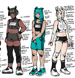 3girls animal_ears bandaid bandaid_on_arm bandaid_on_knee bandaid_on_leg bare_shoulders black_hair black_leg_warmers black_shirt black_shorts black_stripes blue_hair blue_shoes blue_shorts crop_top cyan_(horse_race_tests) downtown_skybox english_text horse_ears horse_girl horse_race_tests leg_warmers long_hair looking_at_viewer looking_down mars_(rotyolk) medium_hair midriff multiple_girls navel reference_sheet shirt shoes short_hair shorts simple_background sleeveless sleeveless_shirt standing striped_clothes striped_shirt striped_shorts superstitional_realism unicorn_horn vertical-striped_clothes vertical-striped_shirt vertical-striped_shorts white_background white_hair white_shirt white_shoes