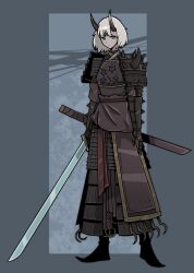 1girl armor borrowed_character brown_eyes closed_mouth commentary english_commentary full_body grey_background grey_hair highres holding holding_sword holding_weapon horns japanese_armor katana looking_at_viewer oni original pauldrons shoulder_armor sode solo spiked_armor spikes standing sword tazataza unsheathed weapon