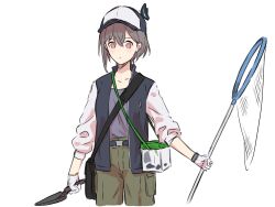 1girl bang_dream! bang_dream!_it&#039;s_mygo!!!!! baseball_cap belt black_belt black_hat brown_eyes brown_shorts bug butterfly closed_mouth collarbone commentary_request grey_hair grey_shirt hair_between_eyes hat highres holding holding_net holding_shovel insect jacket kanade_(kanade_3344) looking_at_viewer net open_clothes open_jacket shirt short_hair shorts shovel simple_background solo takamatsu_tomori white_background white_sleeves