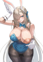 1girl absurdres animal_ears asuna_(blue_archive) asuna_(bunny)_(blue_archive) bare_shoulders blonde_hair blue_archive blue_bow blue_bowtie blue_eyes blue_leotard blush bow bowtie breasts cleavage covered_navel detached_collar fake_animal_ears grin hair_ribbon highres huge_nipples inverted_nipples large_breasts leotard leotard_pull long_hair looking_to_the_side no_halo one_breast_out pantyhose puffy_nipples pulling_own_clothes rabbit_ears rabbit_pose ribbon smile solo strapless strapless_leotard tacoo_ji thighband_pantyhose very_long_hair