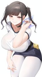 1girl absurdres black_choker black_hair blue_skirt breasts cellphone choker closed_mouth f7k_x5 fang goddess_of_victory:_nikke highres huge_breasts long_hair panties panty_peek pantyhose pencil_skirt phone red_eyes shirt simple_background skin_fang skirt smile solo sora_(nikke) twintails underwear white_background white_pantyhose white_shirt