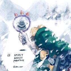 2boys beard blonde_hair darmani facial_hair ghost goron gus_uur hand_up hat jewelry lens_of_truth link multiple_boys necklace nintendo outdoors pointy_ears scabbard sheath shield shield_on_back snow snowing sword sword_on_back the_legend_of_zelda the_legend_of_zelda:_majora&#039;s_mask tunic upper_body weapon_on_back white_hair