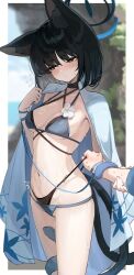 1girl absurdres animal_ear_fluff animal_ears bikini black_hair blue_archive blue_bikini blue_haori blush breasts cat_ears cat_girl cat_tail closed_mouth haori highres holding_another&#039;s_wrist japanese_clothes kabedoru kikyou_(blue_archive) kikyou_(swimsuit)_(blue_archive) looking_to_the_side multiple_tails official_alternate_costume short_hair solo sweatdrop swimsuit tail tail_wrap two_tails