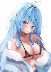 1girl absurdres ahoge bikini black_bikini blue_coat blue_hair blush breasts cleavage closed_mouth coat elf fur-trimmed_coat fur_trim grabbing_own_breast hair_ornament hairpin heart heart_ahoge highres hololive long_hair looking_at_viewer multicolored_hair naaa_gg navel pointy_ears sidelocks solo streaked_hair swimsuit very_long_hair virtual_youtuber yellow_eyes yukihana_lamy yukihana_lamy_(1st_costume)