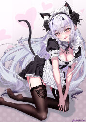 Rule 34 | 1girl, absurdres, alternate costume, animal ears, apron, atenderliver, black dress, blush, breasts, brown thighhighs, cat ears, cat tail, cleavage, dress, enmaided, fate/grand order, fate (series), forked eyebrows, highres, kneeling, licking lips, long hair, looking at viewer, maid, maid headdress, melusine (fate), puffy short sleeves, puffy sleeves, short sleeves, sidelocks, small breasts, smile, solo, tail, thighhighs, tongue, tongue out, waist apron, white apron, white hair, yellow eyes