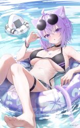1girl absurdres ahoge ai_(u_e_o_o) animal_collar animal_ear_fluff animal_ears barefoot bikini black_bikini black_collar breasts breasts_apart cat_ears cat_girl cat_tail collar commentary crossed_bangs day double-parted_bangs english_commentary eyewear_on_head food hair_between_eyes halterneck highres holding holding_food holding_popsicle hololive knees_together_feet_apart knees_up large_breasts long_hair looking_at_viewer lying messy_hair navel nekomata_okayu on_back on_innertube onigirya_(nekomata_okayu) open_mouth outdoors partially_submerged popsicle purple_eyes purple_hair round_eyewear short_hair solo stomach sunglasses swim_ring swimsuit tail thigh_strap toes untied_bikini_top virtual_youtuber water wet wristband