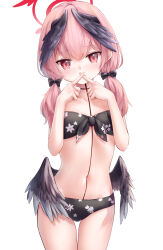 1girl bikini black_bikini black_bow black_choker black_wings blue_archive blush bow c.u.wa choker closed_mouth collarbone commentary cowboy_shot eyelashes feathered_wings floral_print floral_print_bikini hair_between_eyes hair_bow halo hands_up head_wings highres koharu_(blue_archive) koharu_(swimsuit)_(blue_archive) light_smile looking_at_viewer low_twintails low_wings medium_hair navel official_alternate_costume official_alternate_hairstyle petite pink_hair print_bikini red_eyes red_halo simple_background solo stomach swimsuit thigh_gap tsurime twintails white_background wings x_fingers