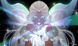 1girl aqua_eyes bare_shoulders bead_necklace beads bracer braid bright_pupils choker colored_eyelashes commentary commission crescent crescent_hair_ornament dark-skinned_female dark_skin dress english_commentary eyes_visible_through_hair fairy fairy_wings fur-trimmed_dress fur_trim glitter gloves glowing grey_hair grey_lips grin hair_ornament highres jewelry light_particles light_rays lipstick long_hair looking_at_object magical_girl makeup multiple_braids necklace object_floating_above_hand original short_dress signature smile solo sparkle star_(symbol) straight-on transparent_wings twin_braids upper_body very_dark_skin very_long_hair white_choker white_dress white_eyeshadow white_gloves white_pupils white_wings wikate wings winx_club ych_commission