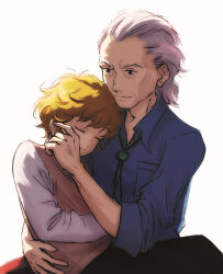 2boys blonde_hair blue_shirt bolo_tie breast_pocket brown_vest child closed_eyes closed_mouth commentary english_commentary gift_art grandfather_and_grandson grey_hair grey_shirt kyokugen_dasshutsu kyokugen_dasshutsu_adv:_zennin_shibou_desu long_sleeves male_focus multiple_boys old old_man pocket quark_(kyokugen_dasshutsu) second-party_source shirt short_hair simple_background sleeping tenmyouji_(kyokugen_dasshutsu) vest white_background wrinkled_skin yami-bakura