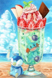 animal_focus beach blueberry chocolate commentary_request cup dessert drink food food_focus fruit garnish gen_1_pokemon gen_3_pokemon gen_4_pokemon highres ice_cream ice_cream_float in_container in_cup lapras marker_(medium) mudkip nintendo no_humans outdoors piplup pokemon pokemon_(creature) sitting strawberry strawberry_slice traditional_media yuka_(yukaaaaaaa0705)