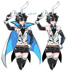 animal_ears asymmetrical_gloves belt black_hair blue_bow blue_bowtie bow bowtie brown_belt cape charlemagne_(fate) coattails cropped_jacket cropped_legs fate/grand_order fate_(series) gloves groin haoro highres male_focus midriff_peek mismatched_gloves multicolored_hair navel rabbit_ears short_shorts shorts signature simple_background spiked_hair streaked_hair two-sided_cape two-sided_fabric white_background white_cape white_hair